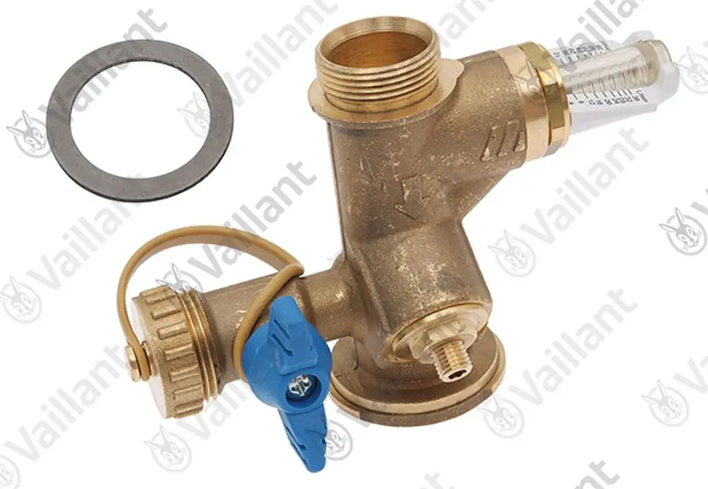 Vaillant Durchflussmengenregler aus Metall mit seitlichen Anschlüssen, einem verstellbaren Ventil und einem transparenten Messrohr zur Durchflusskontrolle.
